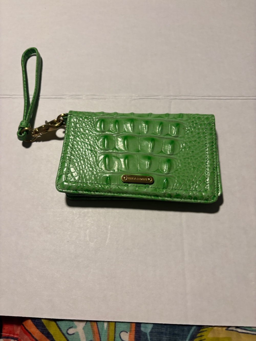 Bright Green Leather Croc Wristlet Wallet Card Case - Brahmin